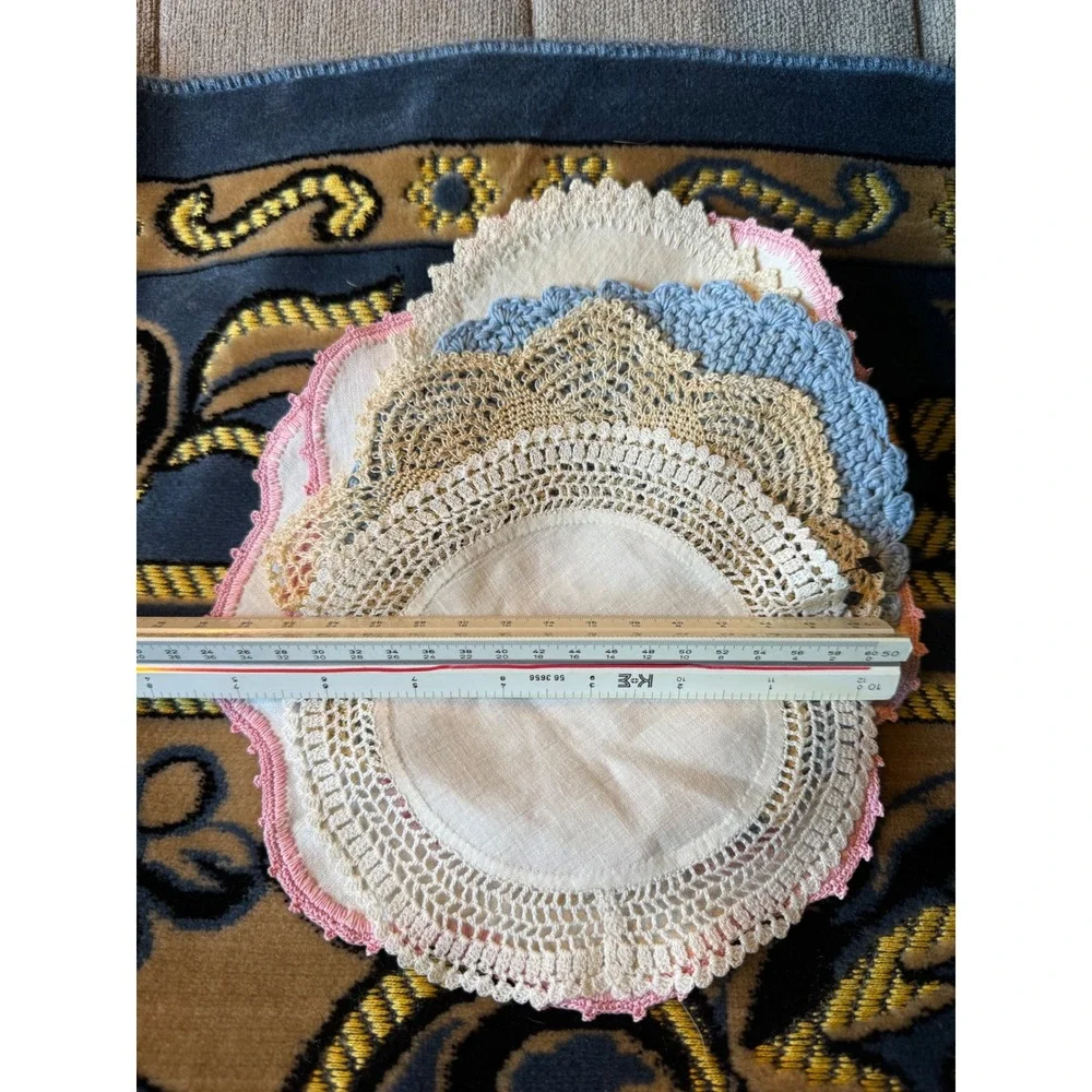 Vintage Linen Doilies Crochet Lace Edging Pastel Pink Blue Cream Set Cottagecore